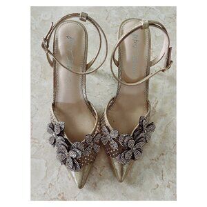 Betsy Johnson Sz 9 Gold Sofya Rhinestone Floral Pointed Toe Heels